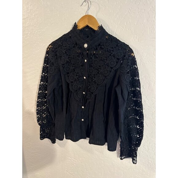 Y Black Cotton Goth Alt Wednesday Addams Style Victorian Lace Collared Blouse - Picture 2 of 12